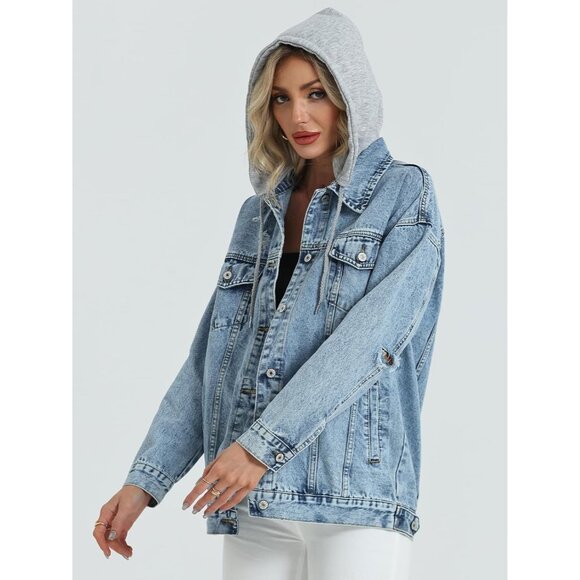 Women’s Oversized Denim Jacket Hood Ripped Distressed Casual Street Wear - Picture 6 of 7